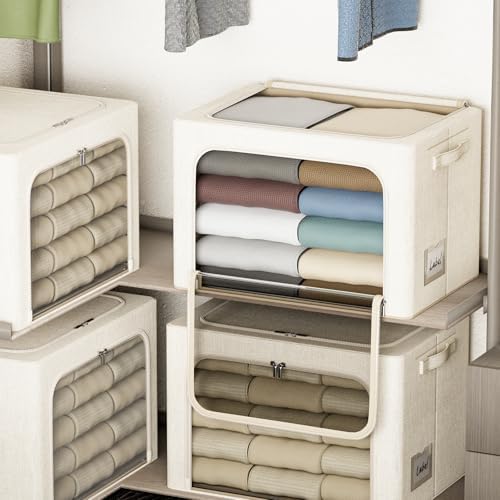 4 Pack Clothes Storage Bins with Metal Frame - 66L Stackable Storage Box with Lid，Foldable Storage Container Organizer for Clothes，Linen Fabric Storage Box with Clear Window＆Zippers＆Handles