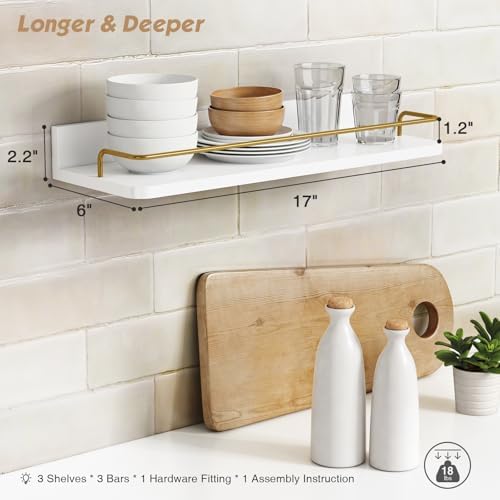 Forbena Gold Floating Shelves for Wall Decor Set of 3, Bathroom Shelves Over Toilet, Modern Display Wall Shelf with Guard Rail for Living Room Bedroom Organizers and Storage - White and Gold