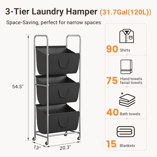 ELYKEN 3-Tier Vertical Rolling Laundry Hamper with Wheels & Removable Bags | 120L Capacity, Space-Saving Design, Locking Casters, 3 Section Laundry Sorter for Apartments, Small Spaces, Closet, Dorm