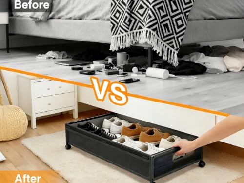 2 Pack Under Bed Storage with Wheels, 70LBS Heavy Duty Underbed Storage Bins with Clear Lid & Lockable Wheels, Large Metal Frame Rolling Organizer for Blankets, Clothes, Shoes, Bedroom, Dorm