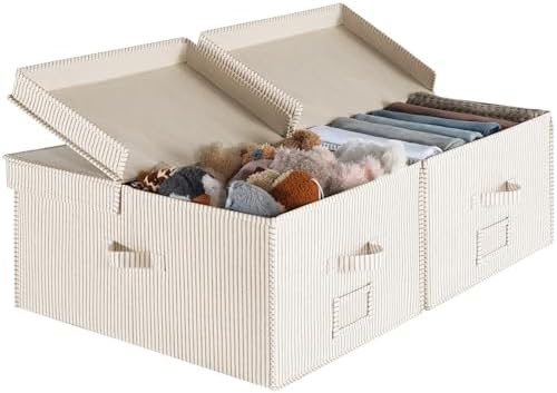 StorageWorks Large Decorative Storage Boxes with Lids, Khaki&Beige Stripes