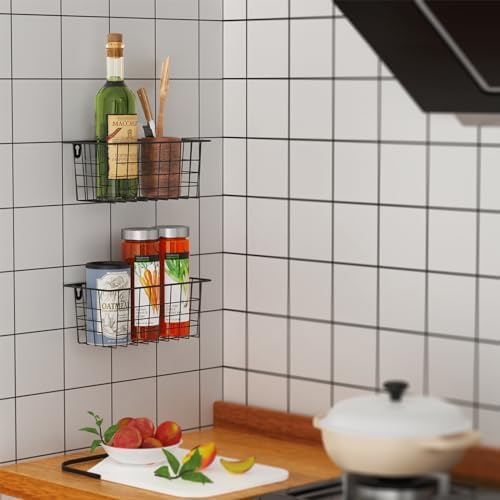 MaraFansie Hanging Wire Baskets Kitchen Storage Basket Adhesive and Screws Basket Over the Cabinet Door Organizer with Adhesive Strips and Screws Accessories, 2 Installations, 4 Pack, Black