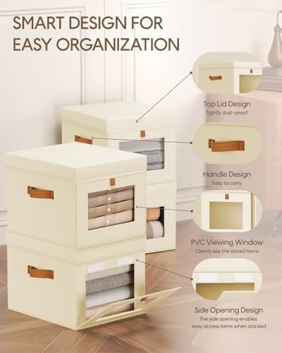 Homsorout Storage Bins with Lid – Closet Organizer with Side Opening and Clear Window, Foldable Stackable Fabric Basket for Clothes, Home, Office - 13.77" x 11.8" x 9.8", 4 Pack, Beige
