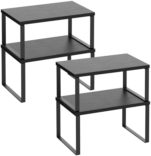 Kitchen Cabinet Organizer Shelf Set of 4, Sturdy Kitchen Counter Shelves with Metal Legs, Stackable Expandable Wood Spice Rack Pantry Cupboard Dish Mug Cup Storage Organizer Shelf, Black
