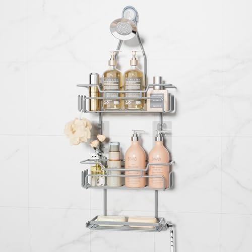 SWTYMIKI Bathroom Shower Caddy Hanging - 3 Tier Rustproof Over Shower Head Organizer, No Drilling Bathroom Shelf with 16 Hooks & Soap Holder, Anti-Swing Rack for Shampoo,Sponge,Towel, Silver, Medium