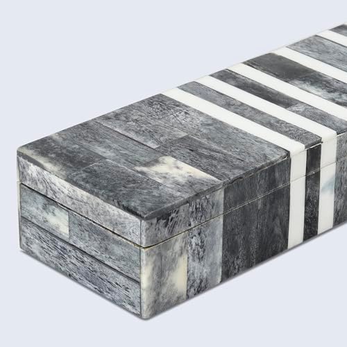 Handicrafts Home Decorative Storage Box with Lid, Patisserie Cafe Stripe Pattern Remote Holder Box, Slim Coffee Table Storage Organizer, Wooden Kitchen Counter Desk Shelf Box, Grey & White, 10x2.5x1.5