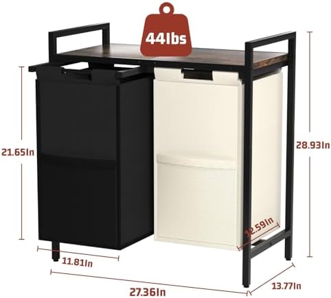 Huhote Double Compartment Laundry Basket, Laundry Sorter with Top Shelf, 2 Removable Washable Bags, Side Pockets, Black & White