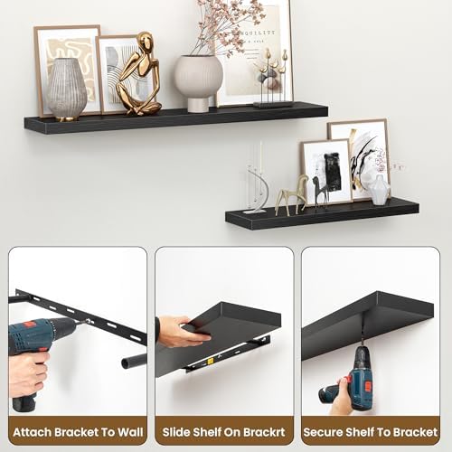 Heimlove 48 Inch Floating Shelves for Wall,Extra Long Wood Shelves Mounted Storage Hanging Shelf Invisible Bracket for Bedroom,Living Room,Kitchen,Office,Set of 2,Black