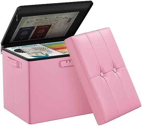 DocSafe Storage Ottoman Foot Rest Stool with Lock ＆ Handles, Fireproof Folding Leather Footstool Bench with Storage Safe for Living Room Bedroom, Home Office, Dorm, 17x13x13in, Pink