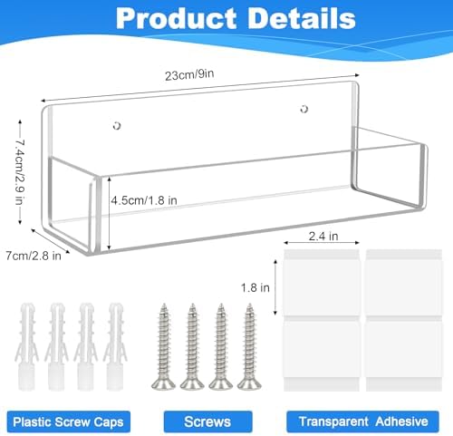 Acrylic Spice Rack Wall Mount - 9 Inch, Clear Spice Shelf Storage Holder, 2 Pack Hanging Seasoning Organizer for Cabinet Door, Cupboard or Wall Kitchen (Adhesive or Screw)