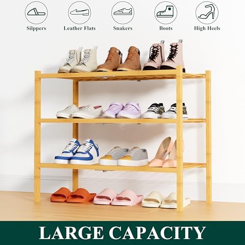 Smiry Bamboo Shoe Rack, 14 Vertical Slats, 3 Tier - 26.8" Wide, Natural