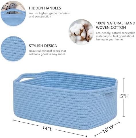 CubesLand Cute and Durable Small Cotton Rope Basket for Organizing | Woven Closet Storage Bin,Shelves Closet Storage Basket, Bathroom Storage Organizer Bin, Nursery Toy Basket Bin, Blue Basket