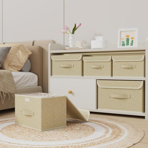 Storage Bins with Handles,Grey and Beige,15x9.8x9.8in,1 Pack | Storage Baskets with PP Board Support,Washable Wardrobe Organisers with Lids,Stackable Organization Bins for Socks,Ties,Scarf