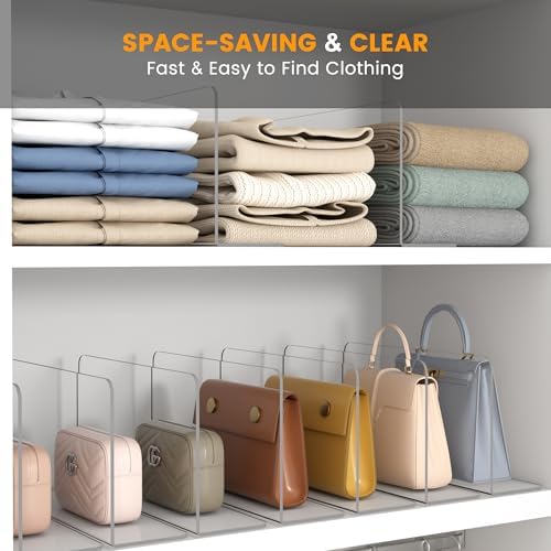 OKPOW Shelf Dividers for Closet Organization – Keep Sweaters & Purses Upright, Clear Acrylic Separators for Most Wood Shelves & Pantry, Damage-Free, Sturdy & Tall (10" x 12", 4 Pack)
