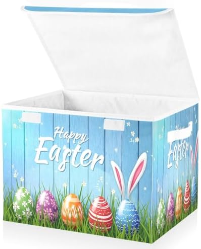 senya Easter Baskets Collapsible Storage Bins with Lids, Happy Easter Bunny Eggs Storage Boxes Clothes Baskets for Organizing