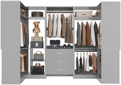 Aheaplus Closet System with Drawer，Hanging Rods， U-Shaped，Set of 3， Grey