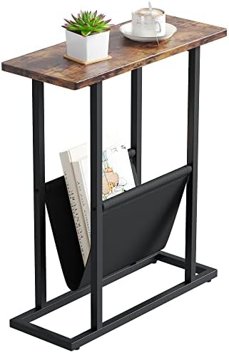 Yusong Narrow Side Table for Small Spaces, Small End Table with Magazine Holder, Skinny Slim Little Thin Table for Living Room, Bedroom, Sofa, Rustic Brown