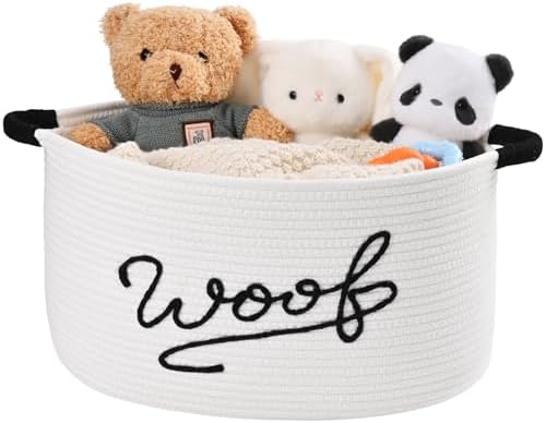 Woof Dog Toy Basket, Large Dog Toy Storage Bin with Durable Handles, Woven Dog Basket for Blankets, Toys, Chews, Pet Toy Storage Box for Nursery, Living Room, Bedroom, 17”x12”x9, White