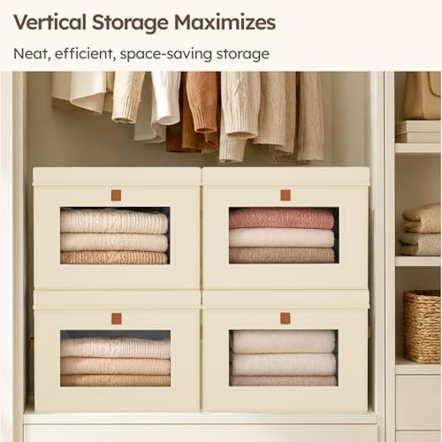Homsorout Storage Bins with Lids - Front Opening Storage Box with Clear Window & Handles, Stackable Foldable Fabric Bins for Closet Organization, Clothes, Sweaters, Towels, Blankets, 6 Pack, Beige