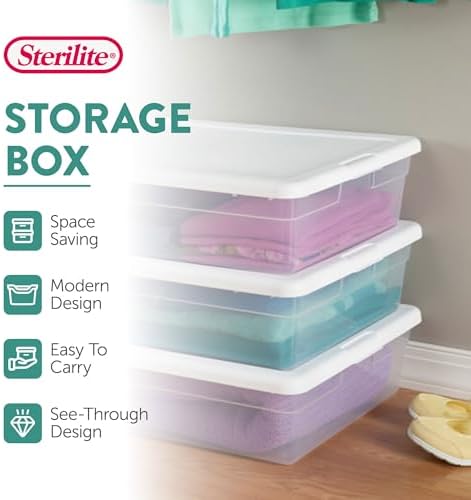 Sterilite 30-Pack Storage Box, Stackable Clear Plastic Bins with Snap-On Lids, 28 Quart