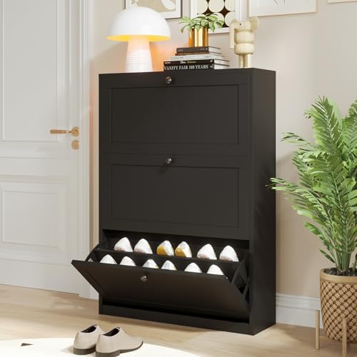 VOWNER Shoe Storage Cabinet with 3 Flip Drawers, Freestanding Shoe Cabinet with Adjustable Shelf & Anti-Tipping Device, Slim Shoe Rack for Entryway, Hallway, Living Room, White (Black)