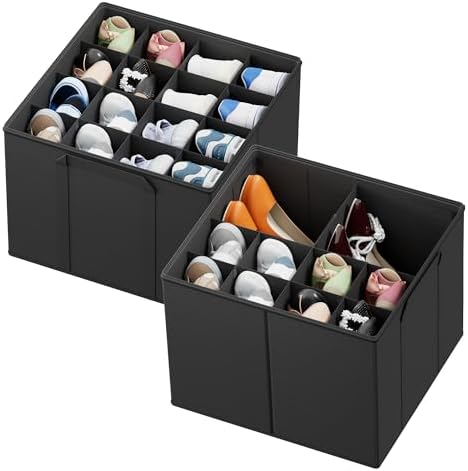 SpaceAid Shoe Organizer for Closet, 2 Pack Foldable Shoe Storage Containers Baskets Boxes Bins w/Adjustable Dividers, Fits 16-32 Pairs, Black