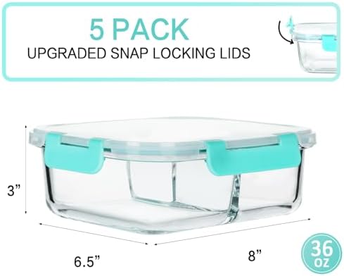 M MCIRCO 5 Pack,36 oz, 3 Compartments Glass Meal Prep Containers with Lids