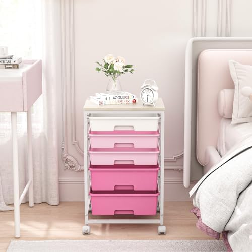 SYKIARIOL Utility Cart with Drawers,5 Drawers Storage Cart,Rose Pink