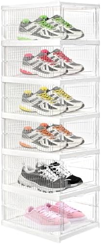 Hedume 6 Pack Clear Shoe Boxes Stackable, Drop Front Shoe Storage Box, No Assembly Plastic Shoe Organizer Storage Bin with Door, Free Standing Shoe Shelf Cabinet with Lid for Size 13, 13.6"x10"x7.9"