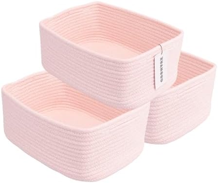 XUANGUO Small Woven Storage Baskets for Shelves, 13" x 9" x 5", Pink