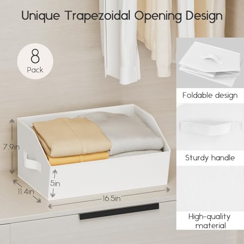 Homsorout Large Closet Organizers and Storage Bins - 8 Pack Trapezoid Storage Baskets for Shelves, Foldable Fabric Baskets with Handles Ideal for Closet, Basket, Wardrobe and Shelf Storage, White