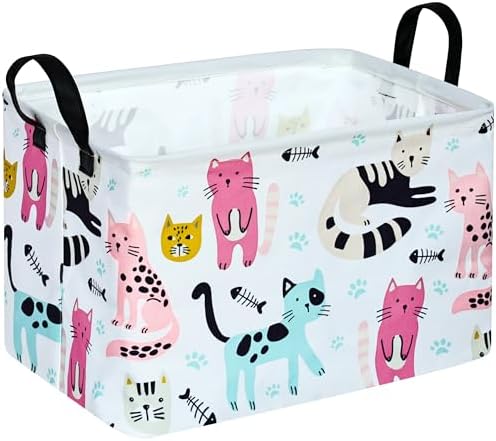 Rectangle Gift Storage Basket Home Shelf Storage Basket Organizer Box Clothes Laundry Hamper Nursery Basket Laundry Basket with Handles (Cat)