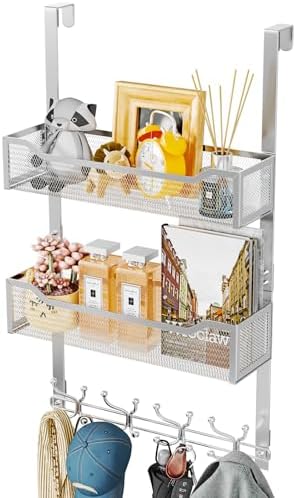 SWTYMIKI Over The Door Hook with 16 Hooks & 2 Mesh Baskets - Heavy Duty Over The Door Organizer Hanger for Towels, Coats, Clothes - Space Saving Hanging Rack for Bathroom, Living Room, Silver
