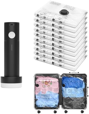 Vacuum Seal Bags for Clothing Travel and Home Storage, Travel Vacuum Bags with Electric Pump, Space Saver Compression Packing Cubes for Luggage Suitcase Bedding Blankets Clothes, 10 Small