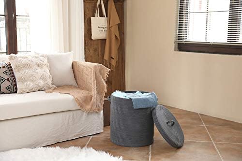 16x18 Inch Extra Large Round Cotton Rope Storage Basket with Lid, Decorative Woven Bin with Cover for Living Room Bedroom Closet, Dark Grey