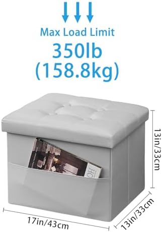 Ottoman with Storage,17 Inch Leather Folding Foot Rest Stool,Grey