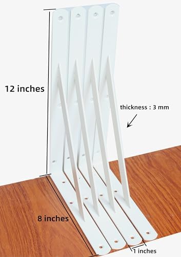 4 Pack L12 x H 8" White Heavy Duty Shelf Brackets with Screws Metal Shelf Brackets Shelf Support Angle Brackets for Shelves L Brackets Heavy Duty Floating Shelf