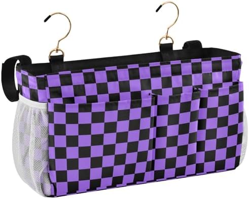 Checkerboard Black Purple Plaid Print Bedside Caddy Storage Bag Bedside Organizer for Bunk Bed Headboards College Organizer Caddy Hanging Shelf 6 Pockets with Hooks for Drinks Magazine Phone Holder