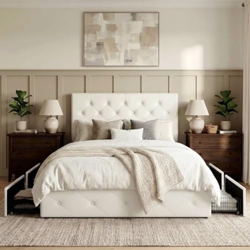 Allewie Full Size Storage Bed Frame with 4 Underbed Drawers, White