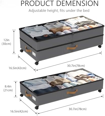 Under Bed Storage with Wheels 2-Pack, 75L XXL Under the Bed Storage Containers Large, 12" Tall Adjustable Storage for Underbed with Lids, Rolling for Clothes, Shoes, Blankets (4PCS-Grey)