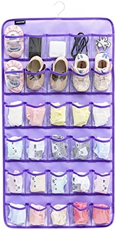 Hanging Baby Shoes Organizer Baby Headband Holder Closet Organizer for Baby Bow Socks Underwear with 30 Clear Pockets (PURPLE)