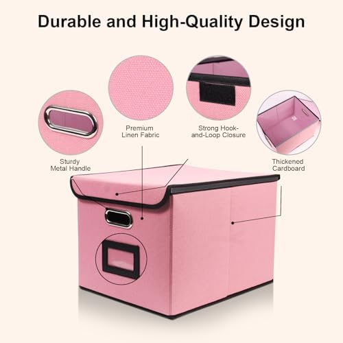 File Storage Box with Lid, 15.55x12.87x10.43 Inches, Foldable Organizer with Handles & Label Slot, for File Storage, Home, Office, and Closet Organization(Pink)