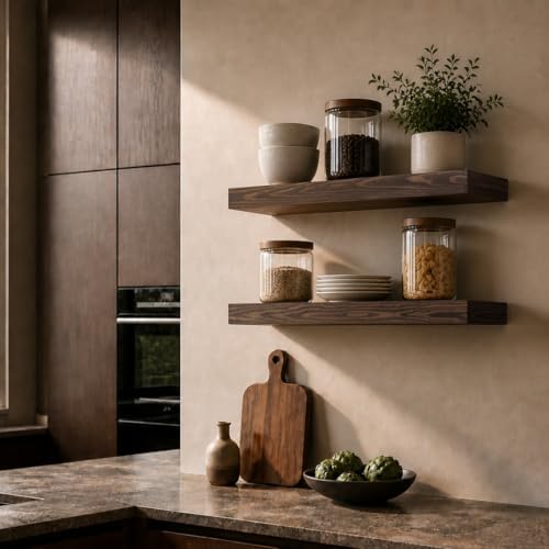 Floating Shelves 3 inch Thick for Wall Set of 2,Solid Pine Wood Wall Mount Shelf for Kitchen Living Room Bedroom Bathroom,8" D x 24" L x 3" H-Dark Walnut