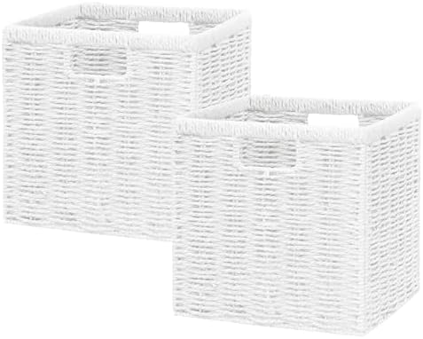 Vagusicc 9 inch Wicker Storage Cubes, Set of 2 Handwoven Wicker Baskets for Storage, Square Cube Organizer Bins, Foldable Paper Rope Storage Baskets for Organizing, White