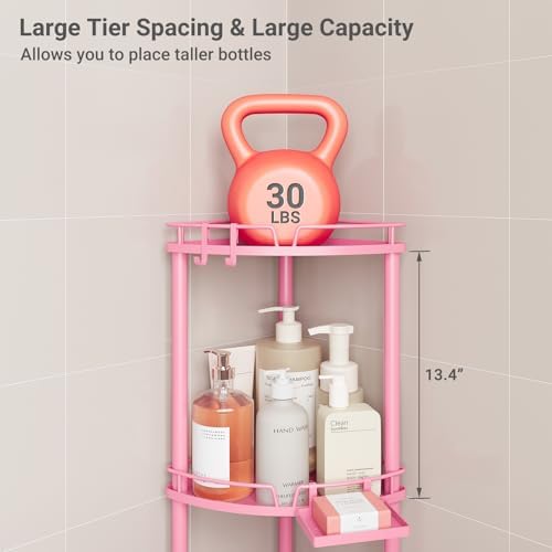 ELYKEN Corner Shower Caddy Standing, 3 Tier Metal Shower Organizer, Pink | Stainless Steel Shower Shelves with Soap Holder, Adjustable Feet & 2 Hooks for Storing Bath Essentials in Bathroom corner