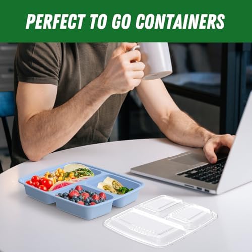 Dealusy 50 Pack 32 oz Meal Prep Containers with Lids 3-Compartment, Blue