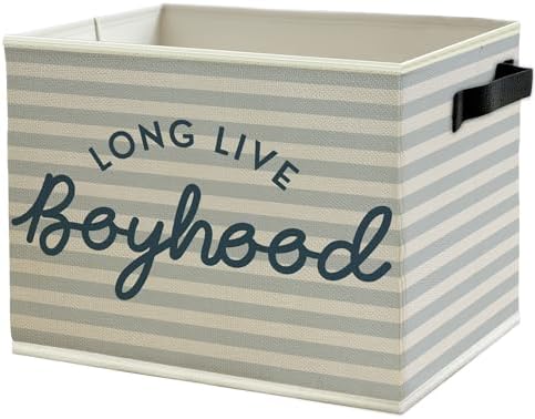 Long Live Boyhood Boys Storage Bins Box with Handles, Light Blue Striped Collapsible Basket Organizer for Kids Boy Nursery Room Bedroom Bathroom Playroom Books Clothes