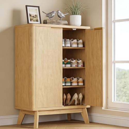 Shoe Cabinet with Doors & Adjustable Shelves, Natural