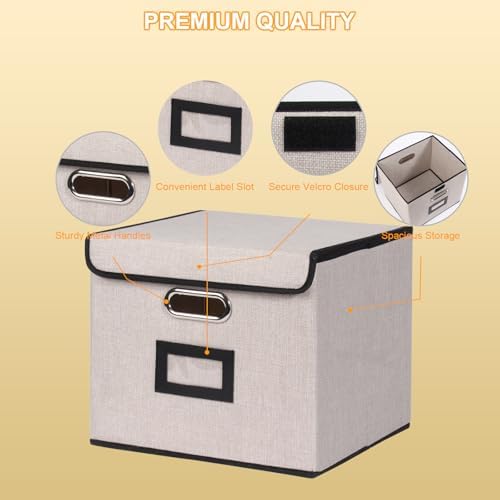 Large Square Storage Bin with Lid, Foldable Organizer Box with Handles & Label Design, for Office, Closet, Home, Documents, Grey, 12.20 x 10.63 x 10.63 Inches, 1 Pack