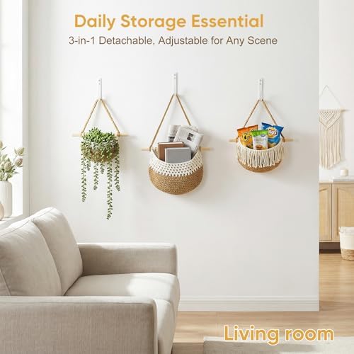 Macrame 3-Tier Hanging Wall Basket, Handwoven Jute Storage Organizer, Boho Decor for Kitchen, Bathroom, Living Room, Natural Cotton Rope Fruit Holder (Gray&White)